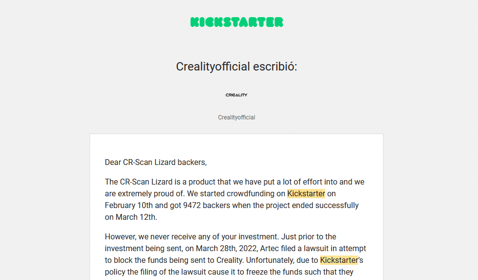 Comunicado de Creality sobre el CR-Scan Lizard en Kickstarter